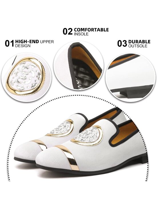 XQWFH Men\'s White Leather Velvet Loafers With Gold Plate Smoking Slip On Shoes main image 4